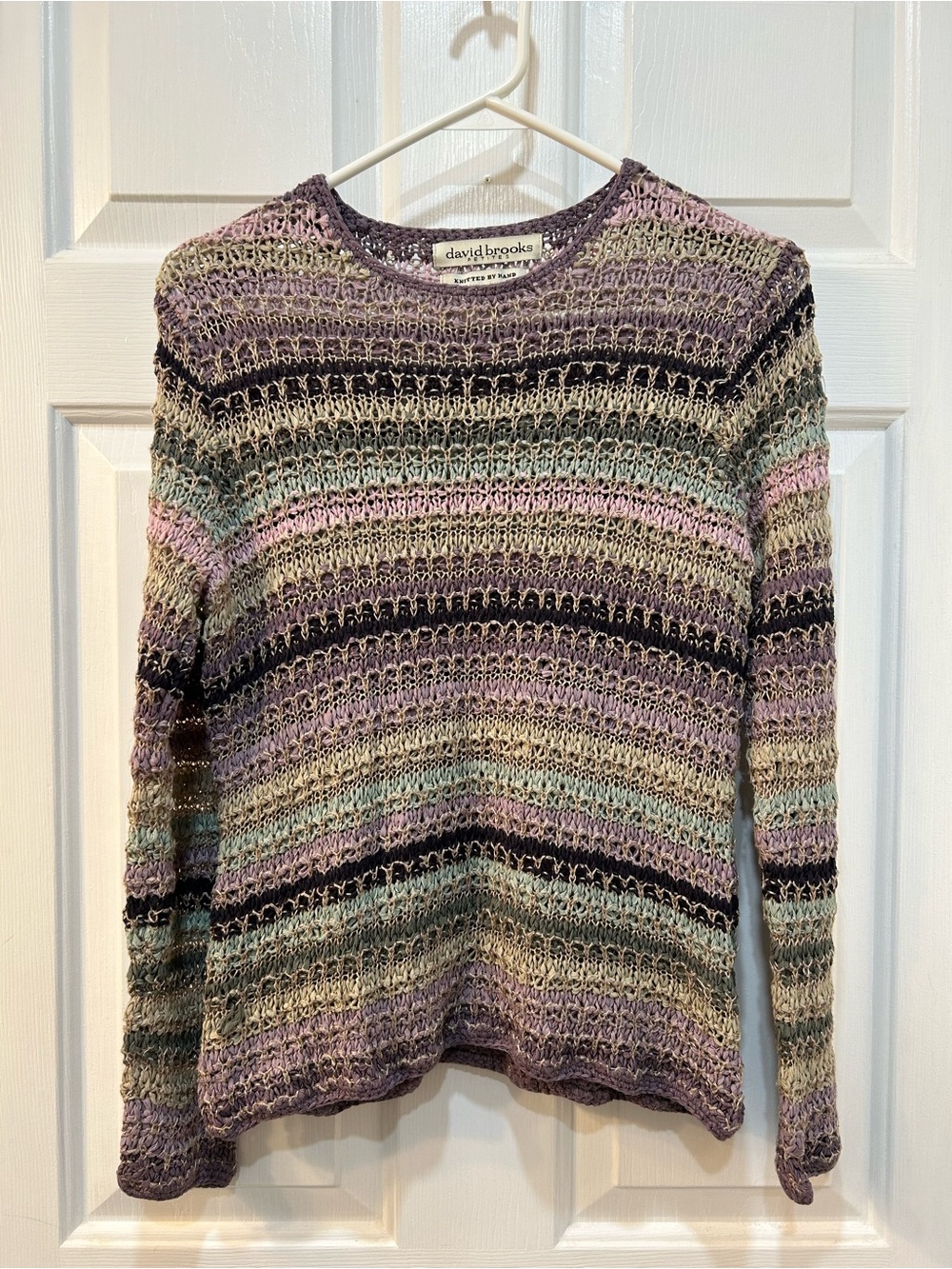 Vtg David Brooks Hand Knitted Crochet Linen‎ Infused Sweater Sz L P Cottage Core